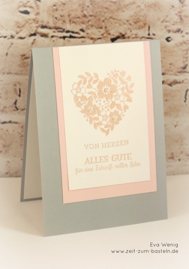 www.zeit-zum-basteln.de - Hochzeitskarte in der Farbkombi schiefergrau, zartrosa, flüsterweiss - Blüten der Liebe Stampin Up