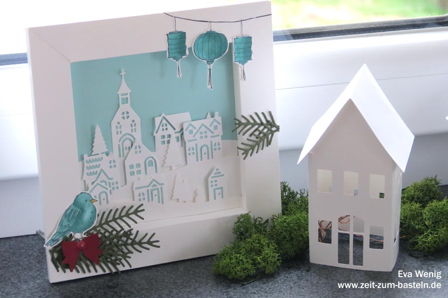 Winterlicher 3D Rahmen aus Papier - Stampin Up Winterstädtchen & Tannen und Zapfen, Farbenfroh - www.zeit-zum-basteln.de