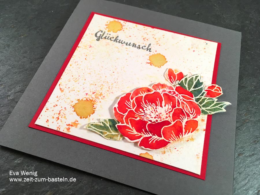 Glückwunschkarte mit einer strahlenden Blume - koloriert mit Brushos - Stampin Up - www.zeit-zum-basteln.de