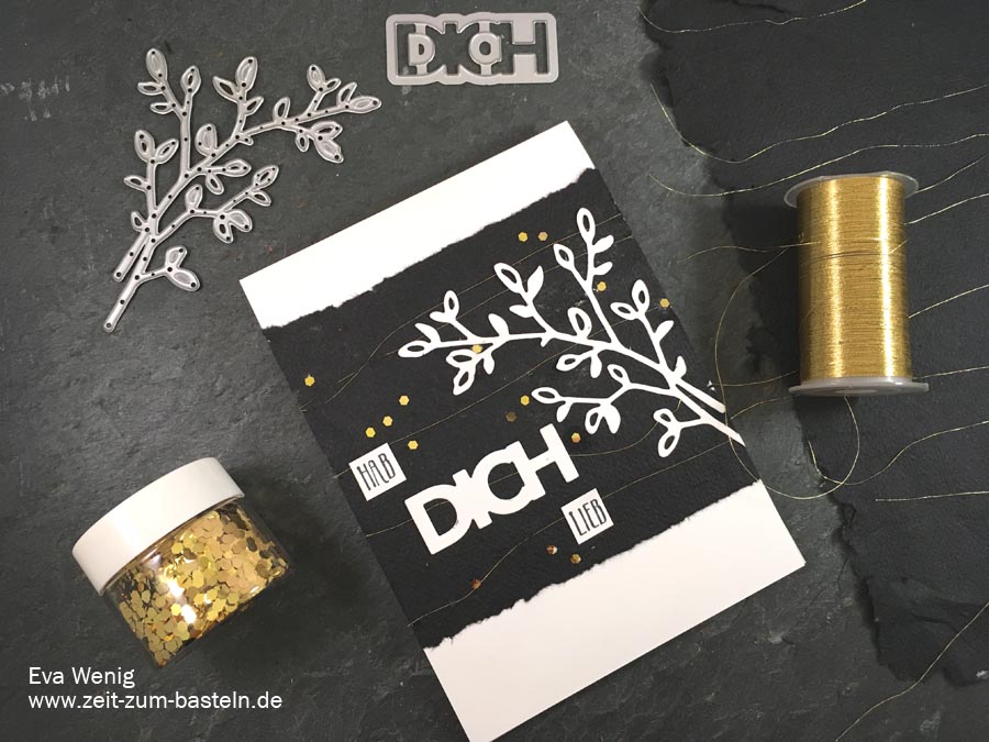 Schwarz-weiß-gold Karte mit handgeschöpftem Papier und Thinlits von Stampin up - www.zeit-zum-basteln.de