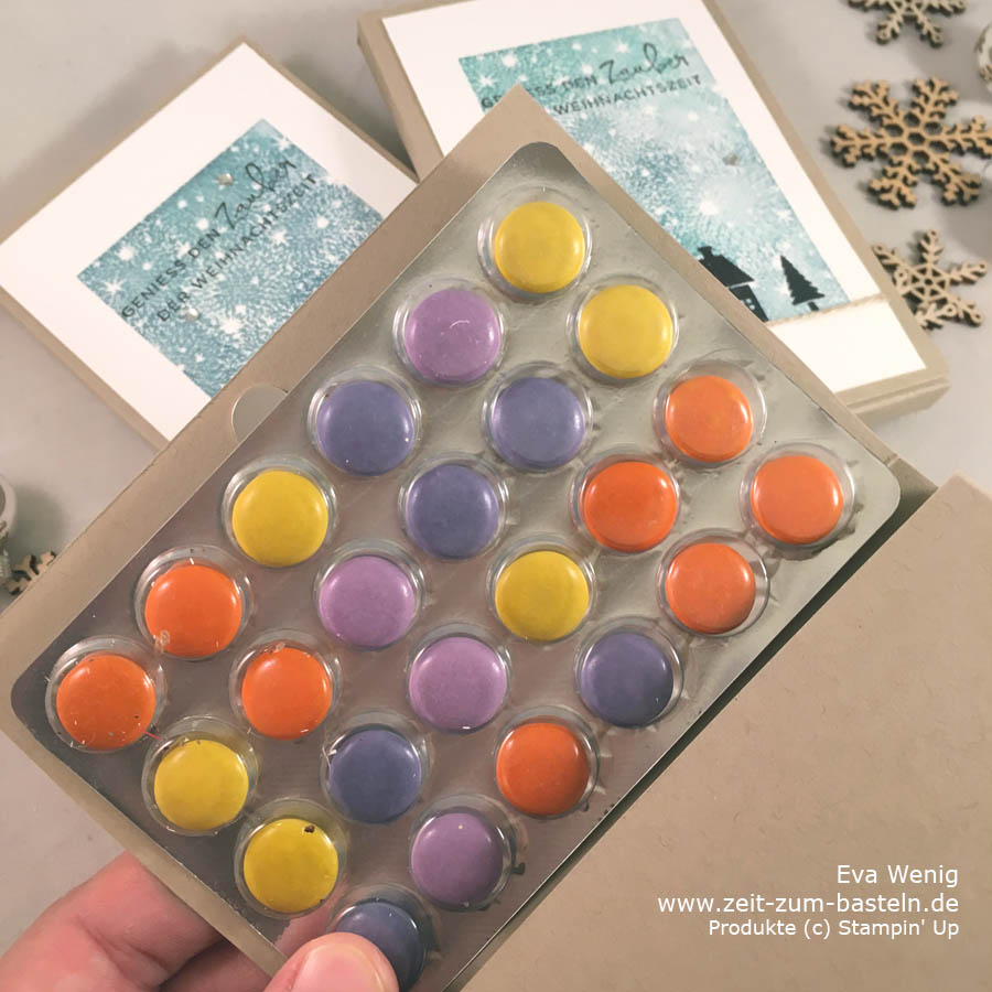 Adventskalender To-Go sind schnell gestaltet, hier mit Bokeh Dots und Weihnachten daheim (Stampin Up) - www.zeit-zum-basteln.de