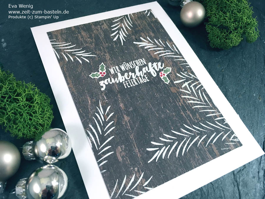 Weihnachtskarte mit weiß geembossten Tannezweigen auf Holzdekor-Papier - Ländlich, simpel - Stampin Up - www.zeit-zum-basteln.de