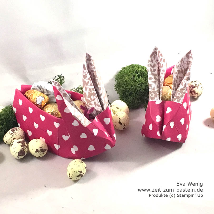 süße Origami-Hasen als Goodie - Hasen falten und die Box mit Leckereien füllen, sogar als Eierbecher nutzbar - Stampin Up - www.zeit-zum-basteln.de